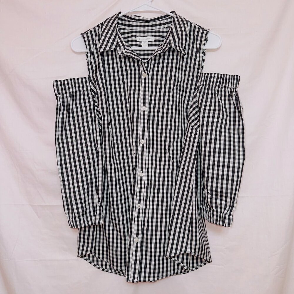 Charter Club Black White Plaid Cold Shoulder Button Up Blouse Top size 12